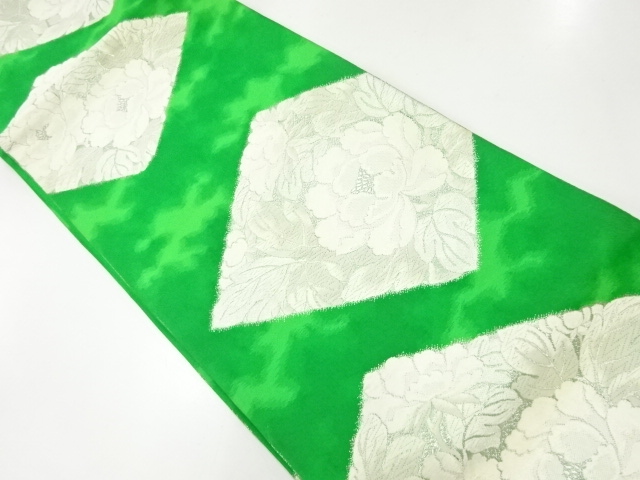 JAPANESE KIMONO / ANTIQUE FUKURO OBI / SILK / WOVEN RHOMBUS & PEONY